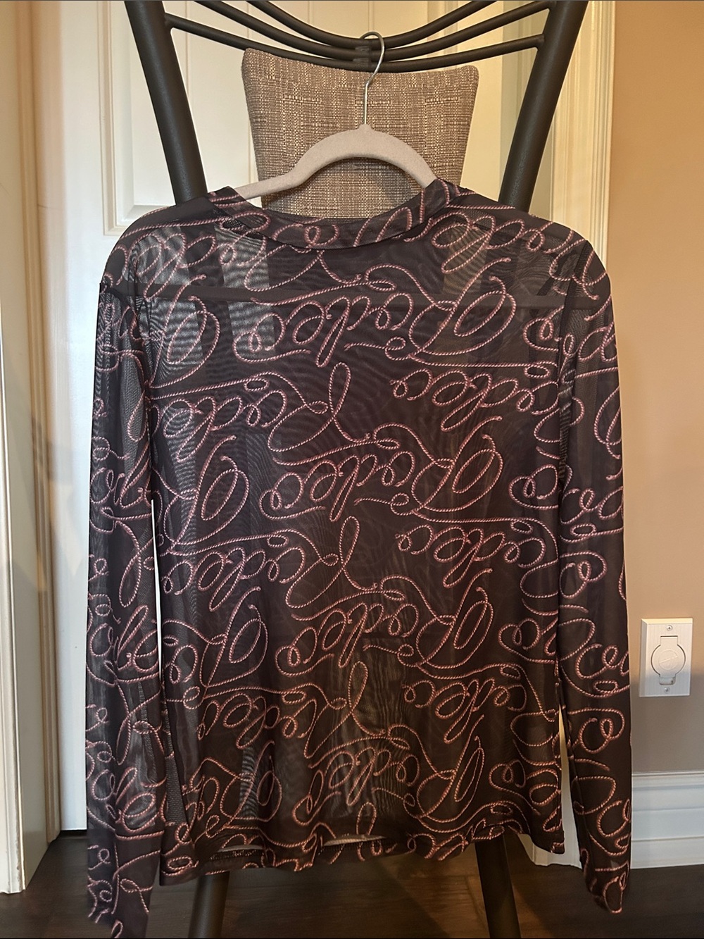 Sheer Script Print Long Sleeve Top - Black with Pink Script